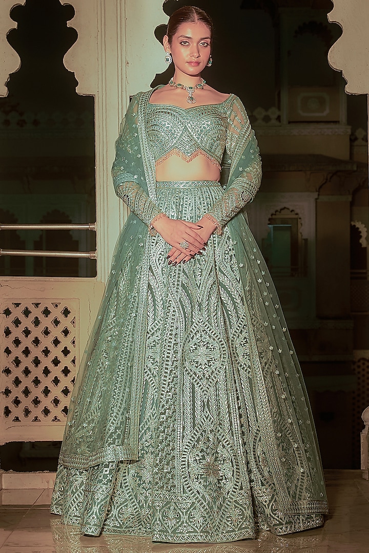 Green Net Gold Foil Printed & Embroidered Bridal Lehenga Set by Falguni Shane Peacock at Pernia's Pop Up Shop