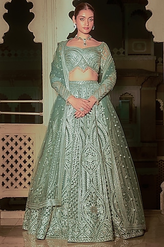 Green Net Gold Foil Printed & Embroidered Lehenga Set by Falguni Shane Peacock