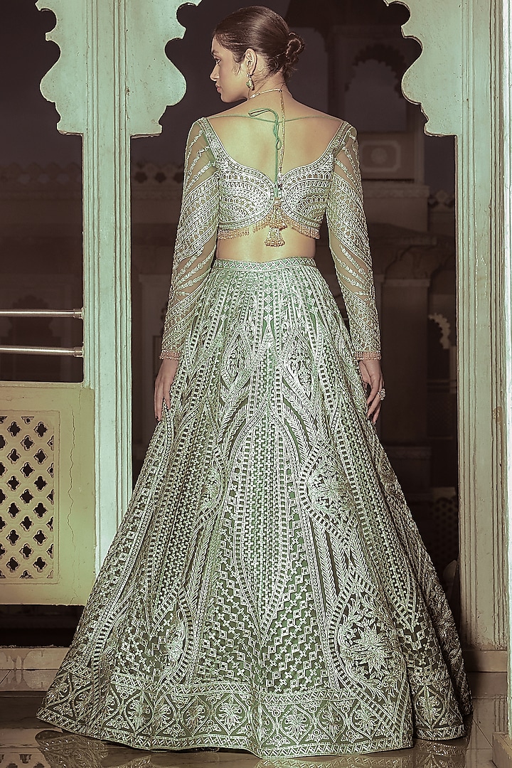 Green Net Gold Foil Printed & Embroidered Bridal Lehenga Set by Falguni Shane Peacock at Pernia's Pop Up Shop