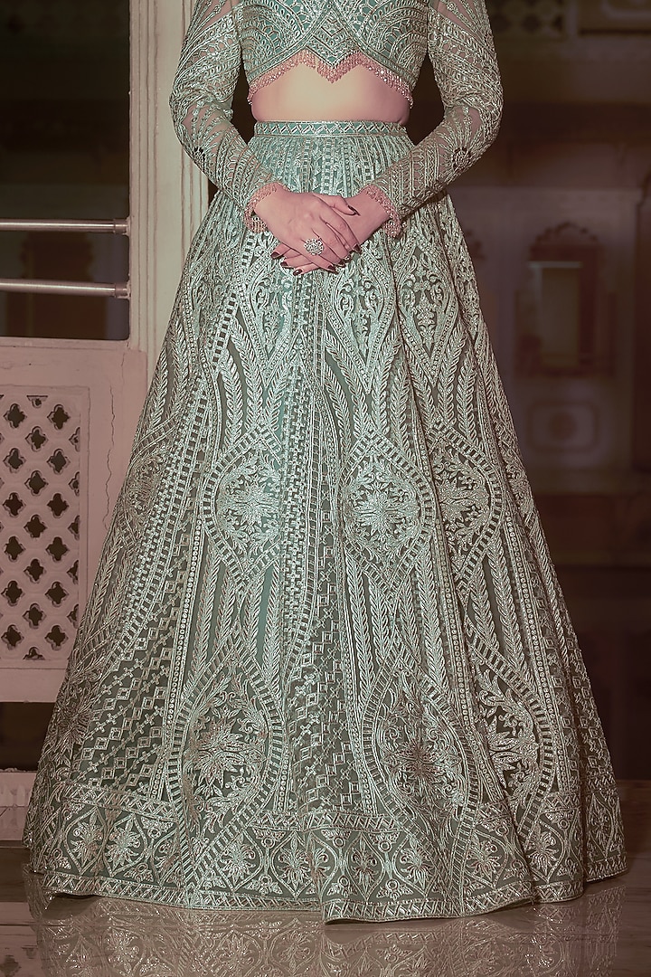 Green Net Gold Foil Printed & Embroidered Bridal Lehenga Set by Falguni Shane Peacock at Pernia's Pop Up Shop