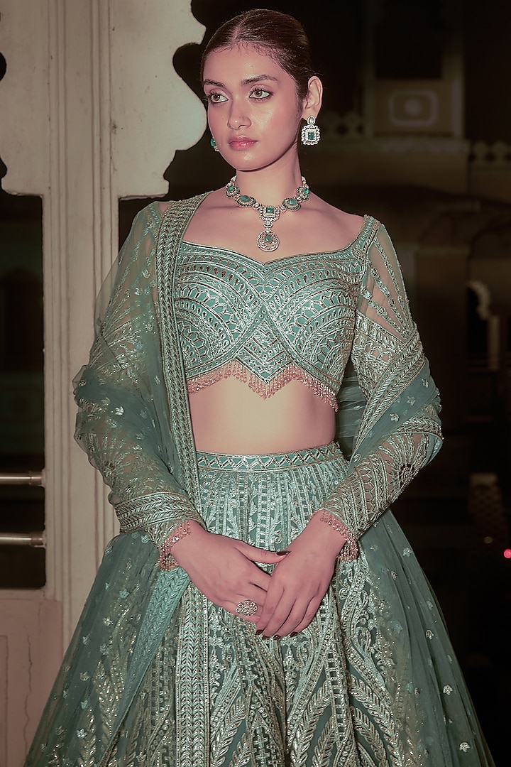 Green Net Gold Foil Printed & Embroidered Bridal Lehenga Set by Falguni Shane Peacock at Pernia's Pop Up Shop