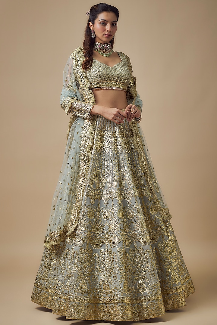 Aqua Georgette Gold Foil & Badla Work Bridal Lehenga Set by Falguni Shane Peacock at Pernia's Pop Up Shop