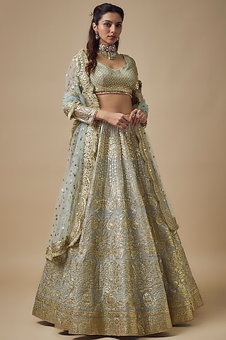 Aqua Georgette Gold Foil & Badla Work Lehenga Set by Falguni Shane Peacock