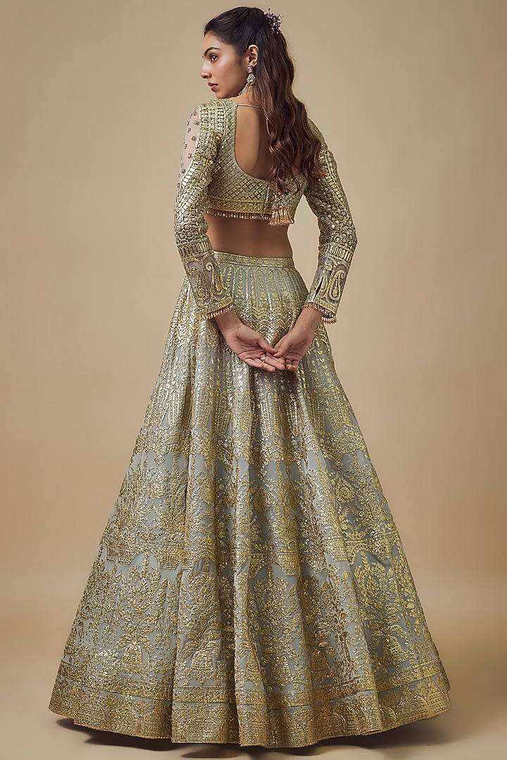 Aqua Georgette Gold Foil & Badla Work Bridal Lehenga Set by Falguni Shane Peacock at Pernia's Pop Up Shop