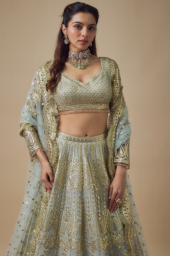 Aqua Georgette Gold Foil & Badla Work Bridal Lehenga Set by Falguni Shane Peacock at Pernia's Pop Up Shop