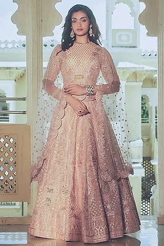 Baby Pink Georgette Gold Foil Printed & Embroidered Lehenga Set by Falguni Shane Peacock