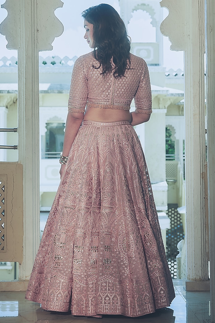 Baby Pink Georgette Gold Foil Printed & Embroidered Bridal Lehenga Set by Falguni Shane Peacock at Pernia's Pop Up Shop
