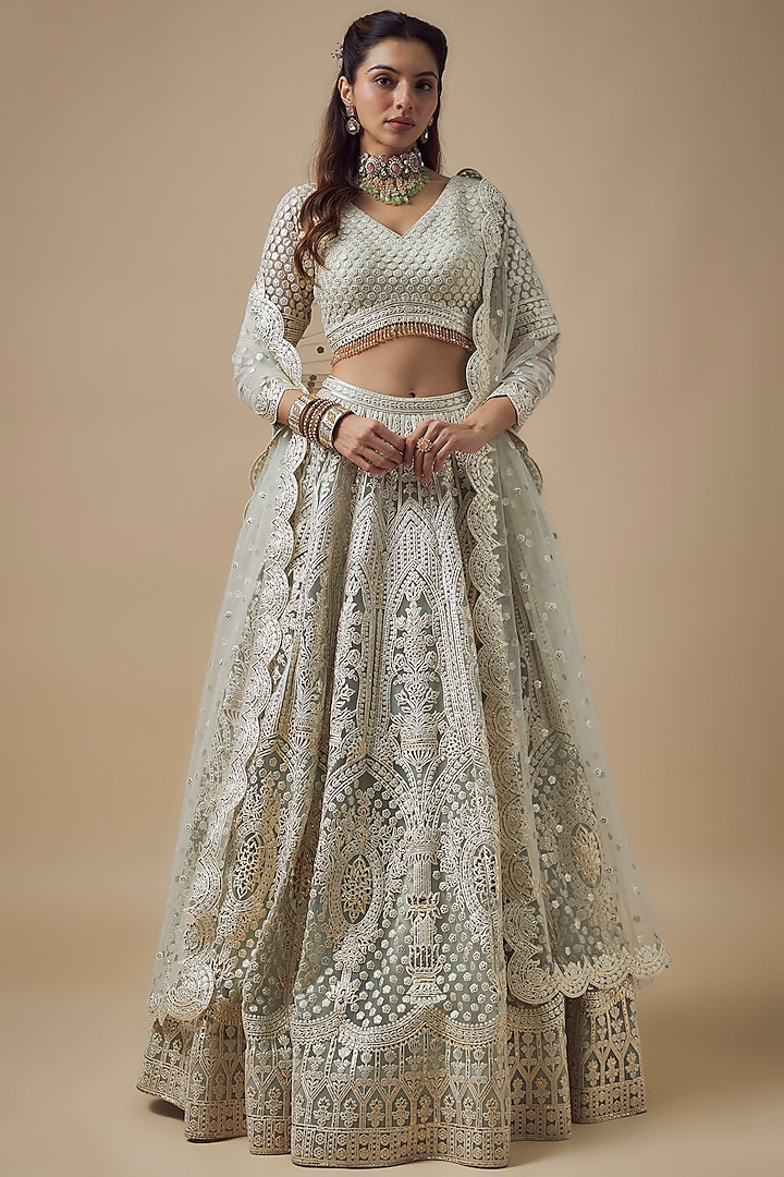 Mint Green Net Resham Work Bridal Lehenga Set by Falguni Shane Peacock at Pernia's Pop Up Shop