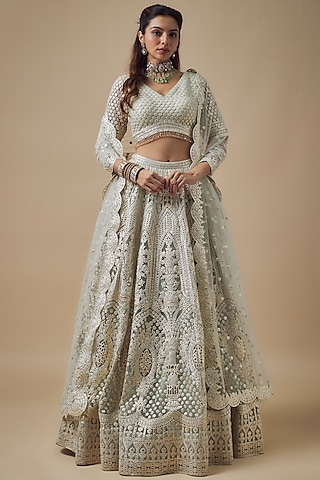 Mint Green Net Resham Work Lehenga Set by Falguni Shane Peacock