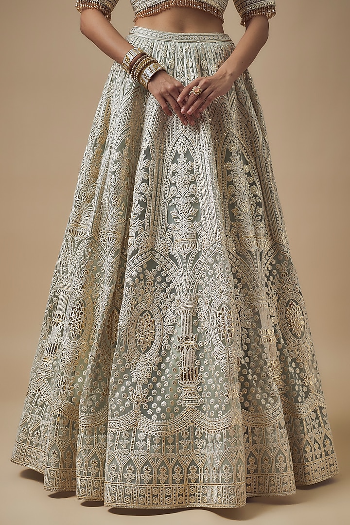 Mint Green Net Resham Work Bridal Lehenga Set by Falguni Shane Peacock at Pernia's Pop Up Shop