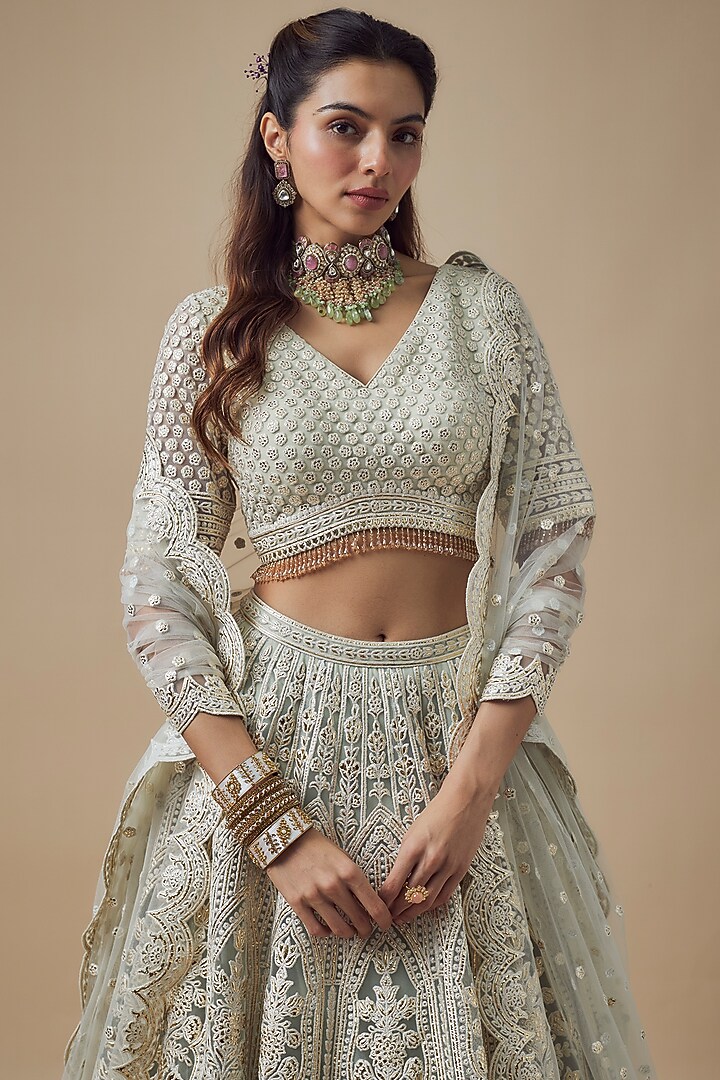 Mint Green Net Resham Work Bridal Lehenga Set by Falguni Shane Peacock at Pernia's Pop Up Shop