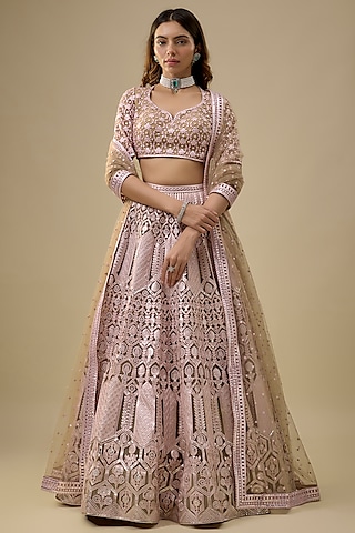 Mauve Tulle Embroidered Lehenga Set by Falguni Shane Peacock India