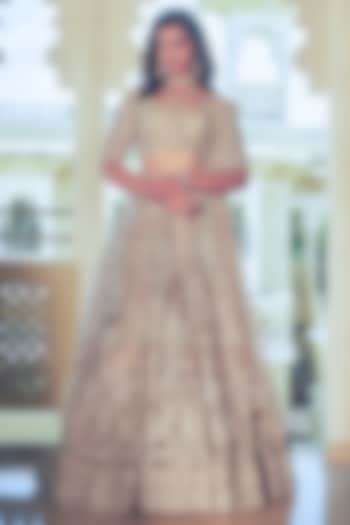 Onion Pink Net Silver Foil Printed & Embroidered Bridal Lehenga Set by Falguni Shane Peacock at Pernia's Pop Up Shop