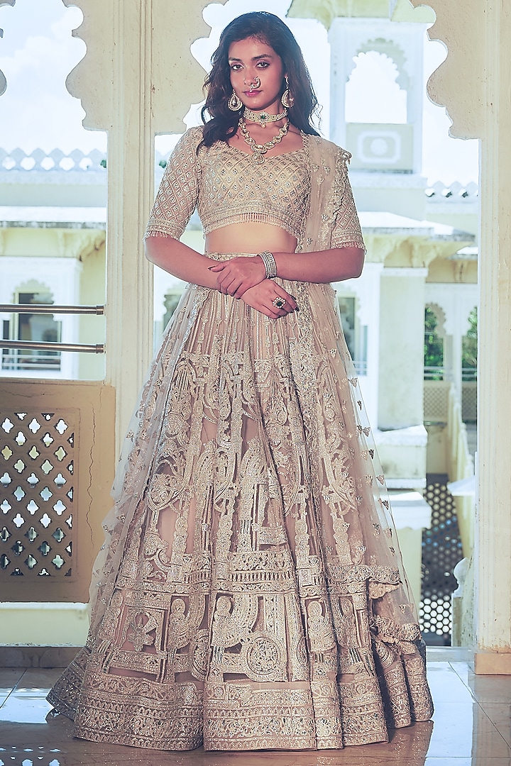 Onion Pink Net Silver Foil Printed & Embroidered Bridal Lehenga Set by Falguni Shane Peacock at Pernia's Pop Up Shop