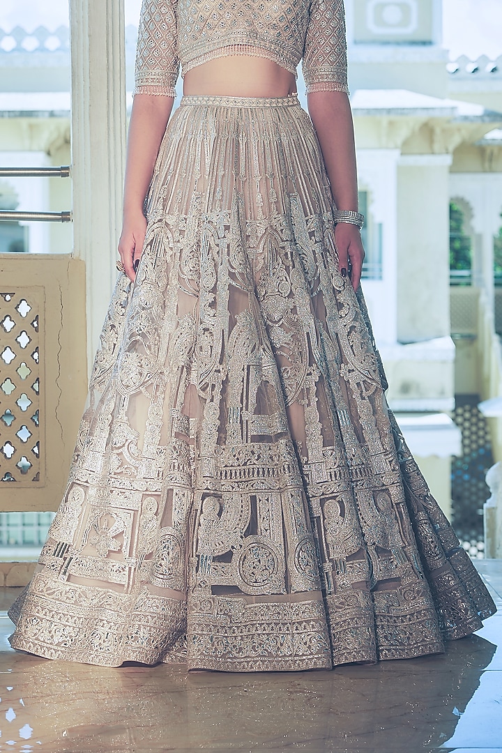 Onion Pink Net Silver Foil Printed & Embroidered Bridal Lehenga Set by Falguni Shane Peacock at Pernia's Pop Up Shop