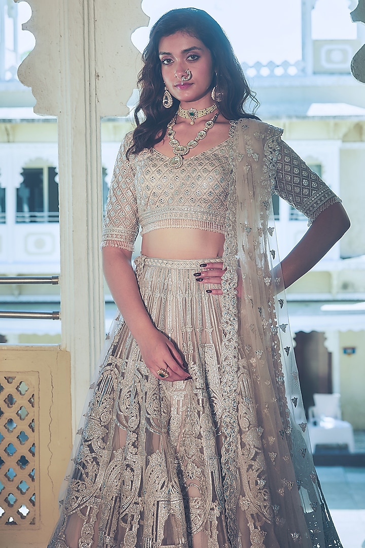 Onion Pink Net Silver Foil Printed & Embroidered Bridal Lehenga Set by Falguni Shane Peacock at Pernia's Pop Up Shop