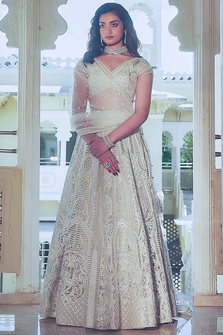 Ivory Net Silver Foil Printed & Embroidered Bridal Lehenga Set by Falguni Shane Peacock at Pernia's Pop Up Shop