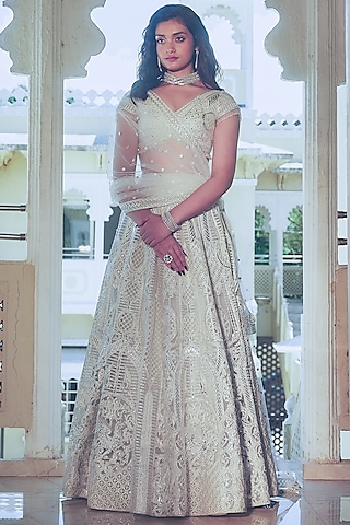 Ivory Net Silver Foil Printed & Embroidered Lehenga Set by Falguni Shane Peacock