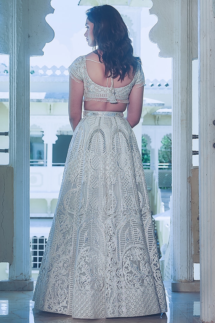 Ivory Net Silver Foil Printed & Embroidered Bridal Lehenga Set by Falguni Shane Peacock at Pernia's Pop Up Shop