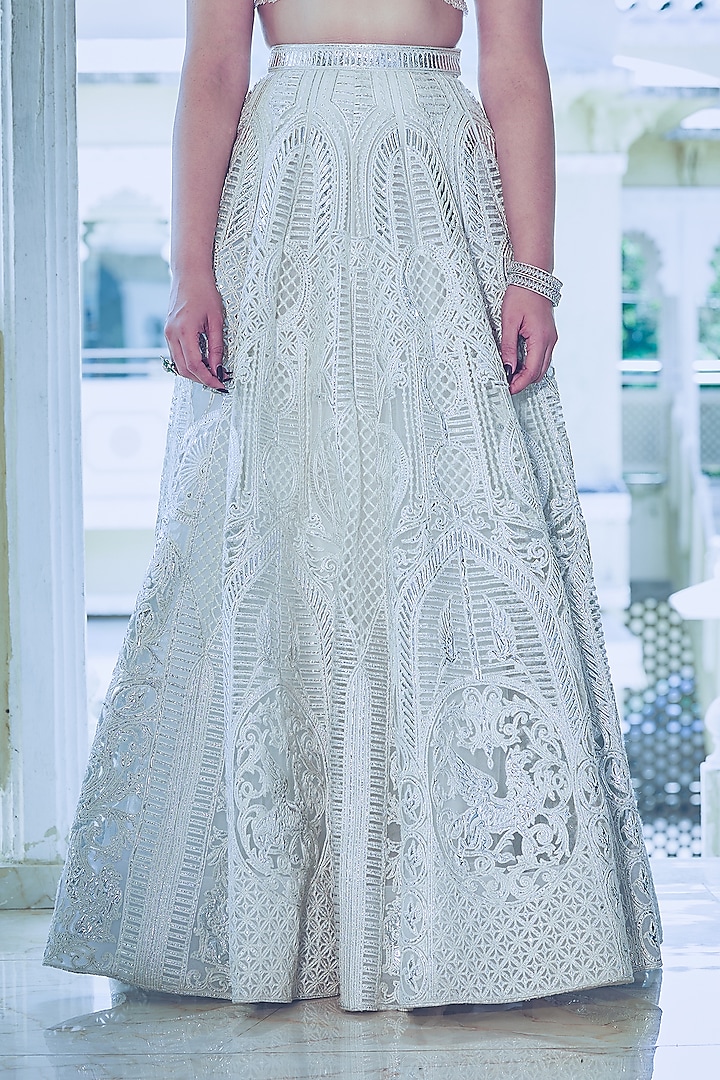 Ivory Net Silver Foil Printed & Embroidered Bridal Lehenga Set by Falguni Shane Peacock at Pernia's Pop Up Shop