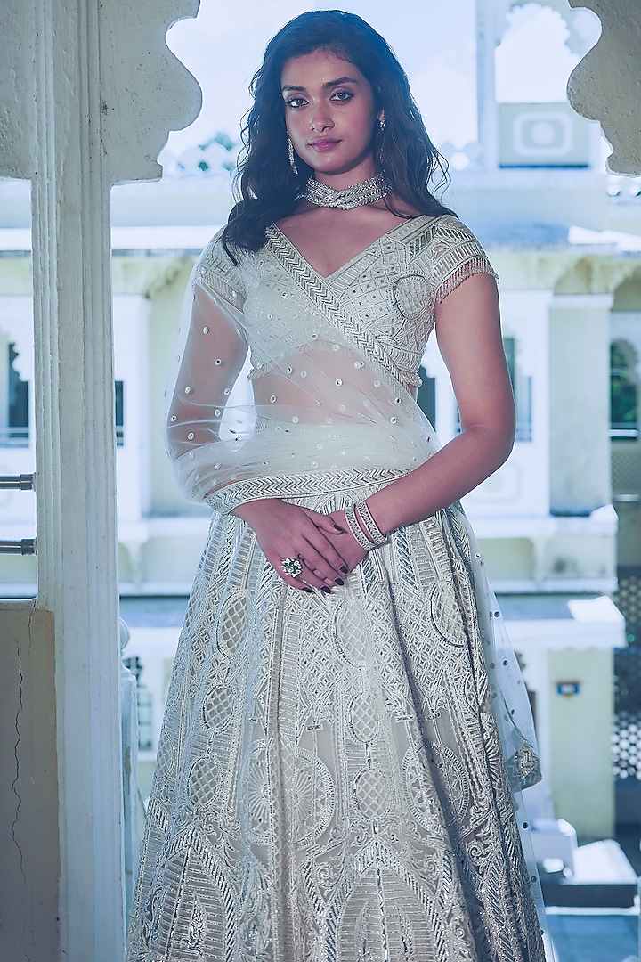 Ivory Net Silver Foil Printed & Embroidered Bridal Lehenga Set by Falguni Shane Peacock at Pernia's Pop Up Shop