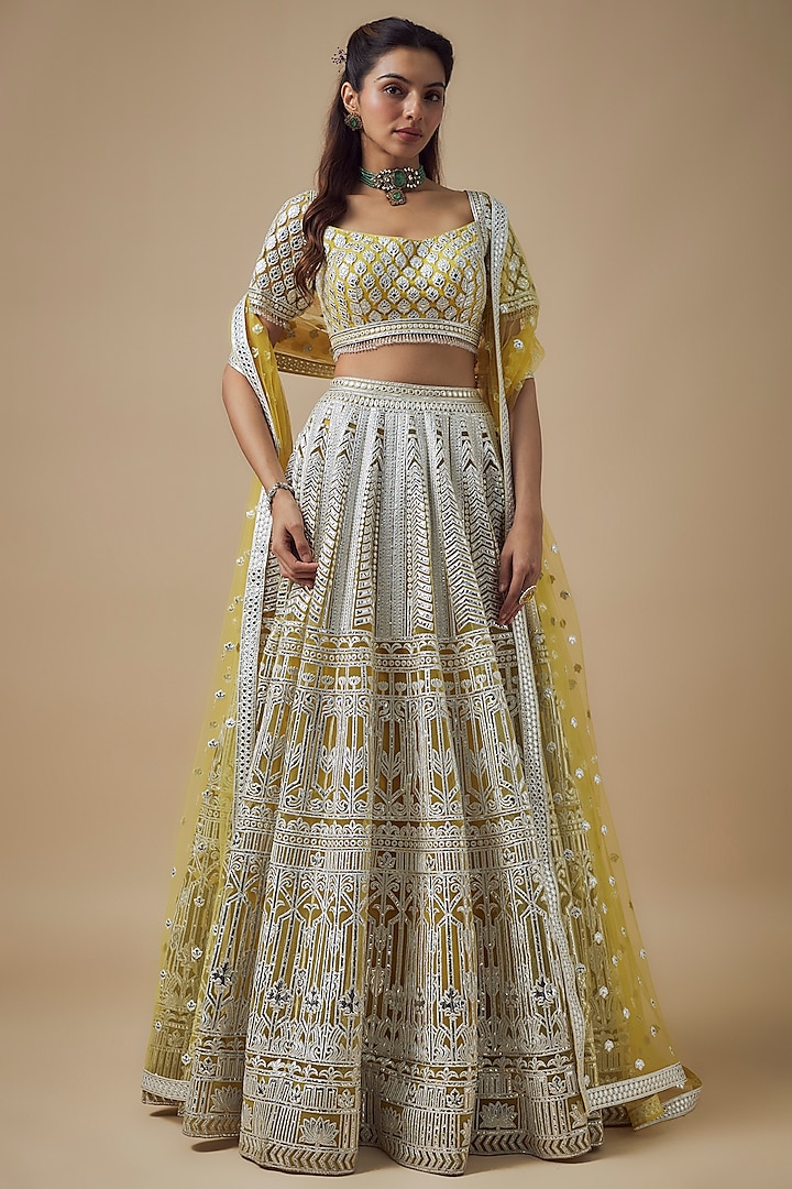 Yellow Net Resham Work Bridal Lehenga Set by Falguni Shane Peacock at Pernia's Pop Up Shop