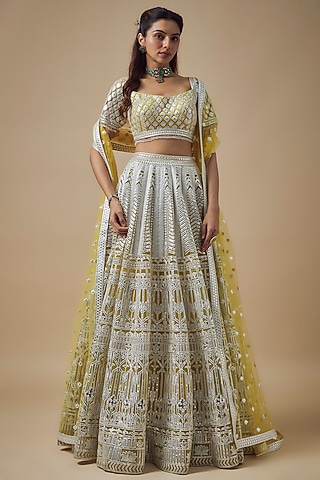 Yellow Net Resham Work Lehenga Set by Falguni Shane Peacock