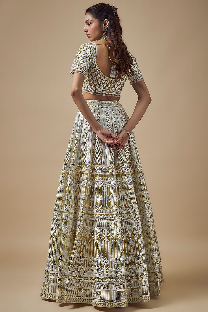 Yellow Net Resham Work Bridal Lehenga Set by Falguni Shane Peacock at Pernia's Pop Up Shop