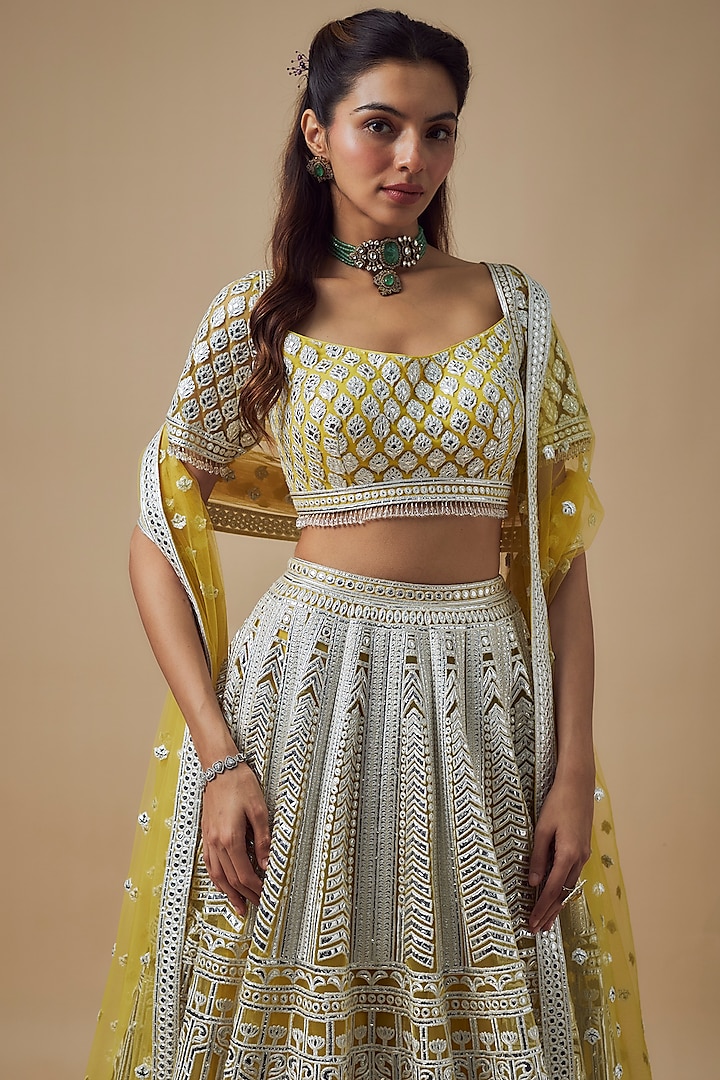 Yellow Net Resham Work Bridal Lehenga Set by Falguni Shane Peacock at Pernia's Pop Up Shop