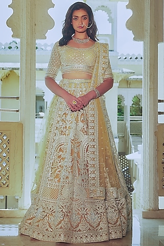Yellow Net Silver Foil Printed & Embroidered Lehenga Set by Falguni Shane Peacock