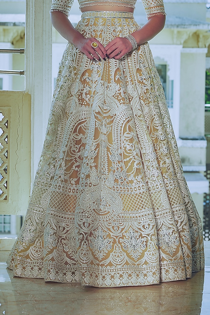 Yellow Net Silver Foil Printed & Embroidered Bridal Lehenga Set by Falguni Shane Peacock at Pernia's Pop Up Shop