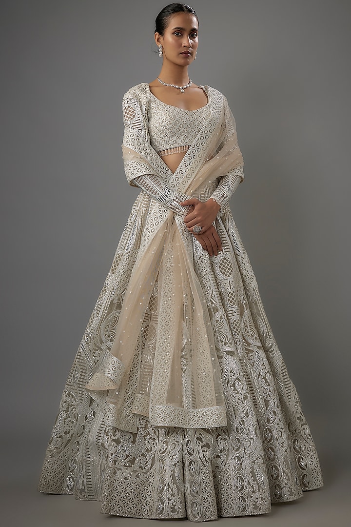 Beige Net Resham & Silver Foil Embroidered Bridal Lehenga Set by Falguni Shane Peacock India at Pernia's Pop Up Shop