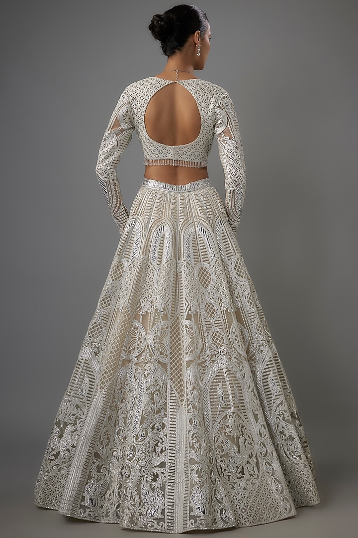 Beige Net Resham & Silver Foil Embroidered Bridal Lehenga Set by Falguni Shane Peacock India at Pernia's Pop Up Shop