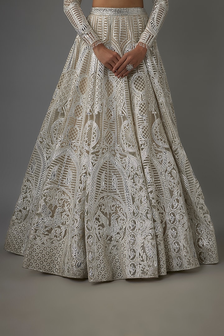 Beige Net Resham & Silver Foil Embroidered Bridal Lehenga Set by Falguni Shane Peacock India at Pernia's Pop Up Shop