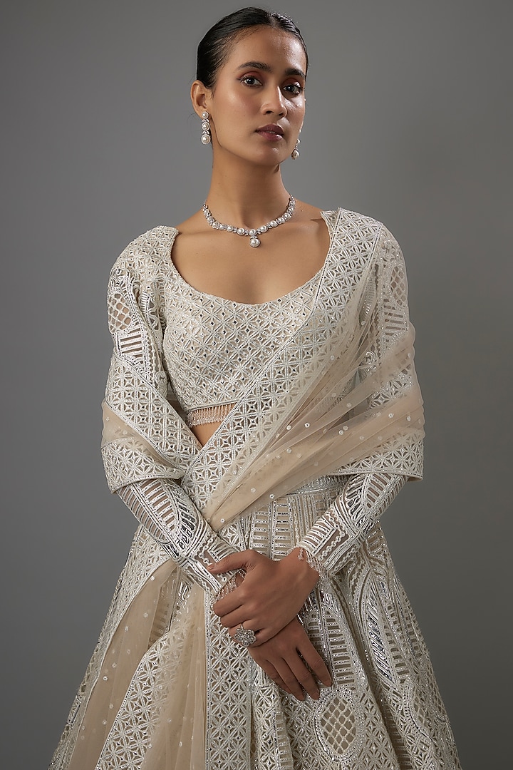 Beige Net Resham & Silver Foil Embroidered Bridal Lehenga Set by Falguni Shane Peacock India at Pernia's Pop Up Shop