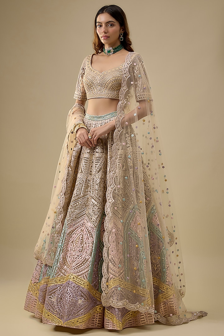 Beige Tulle Embroidered Bridal lehenga for 22 Lehenga Set by Falguni Shane Peacock India at Pernia's Pop Up Shop