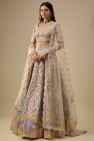 Beige Tulle Embroidered Lehenga Set by Falguni Shane Peacock India