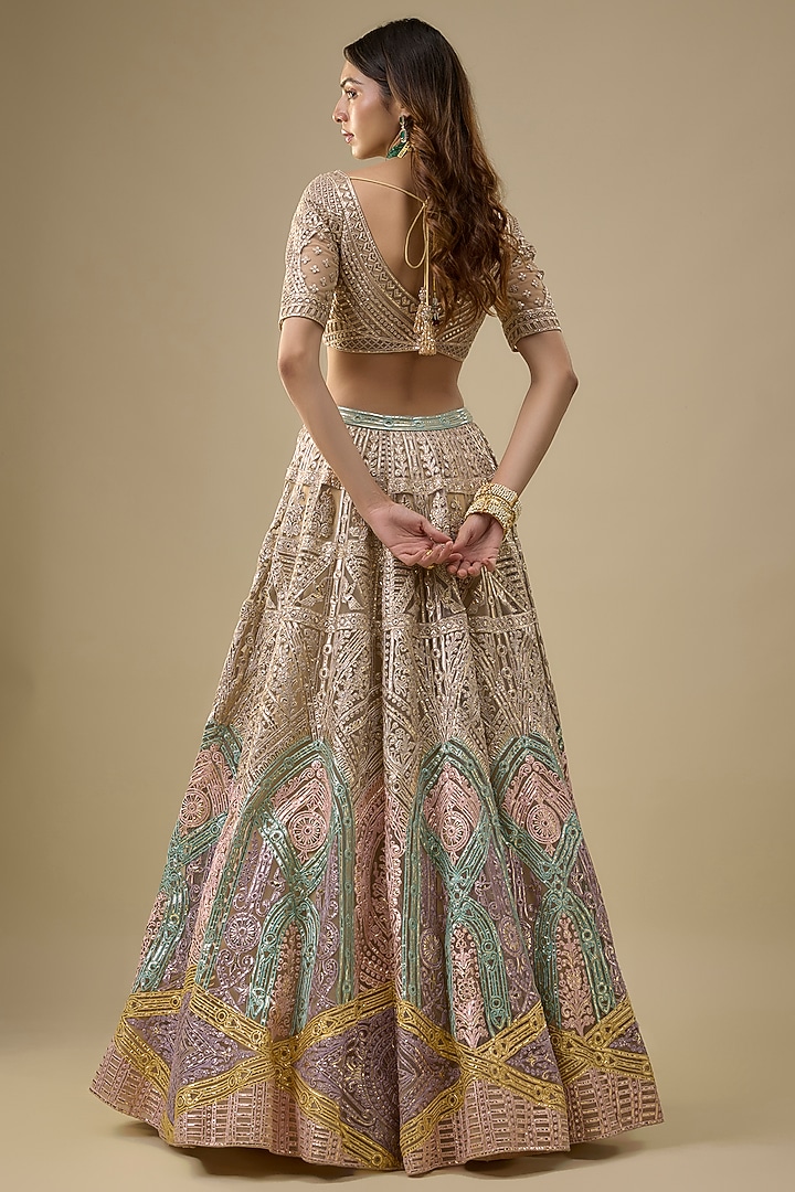 Beige Tulle Embroidered Bridal Lehenga Set by Falguni Shane Peacock India at Pernia's Pop Up Shop