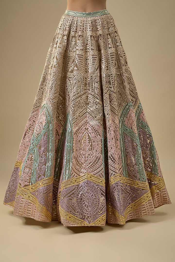 Beige Tulle Embroidered Bridal Lehenga Set by Falguni Shane Peacock India at Pernia's Pop Up Shop