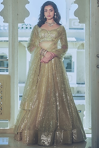 Green Net Gold Foil Printed & Embroidered Lehenga Set by Falguni Shane Peacock