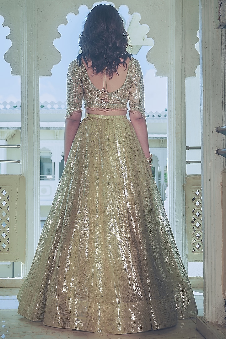 Green Net Gold Foil Printed & Embroidered Bridal Lehenga Set by Falguni Shane Peacock at Pernia's Pop Up Shop