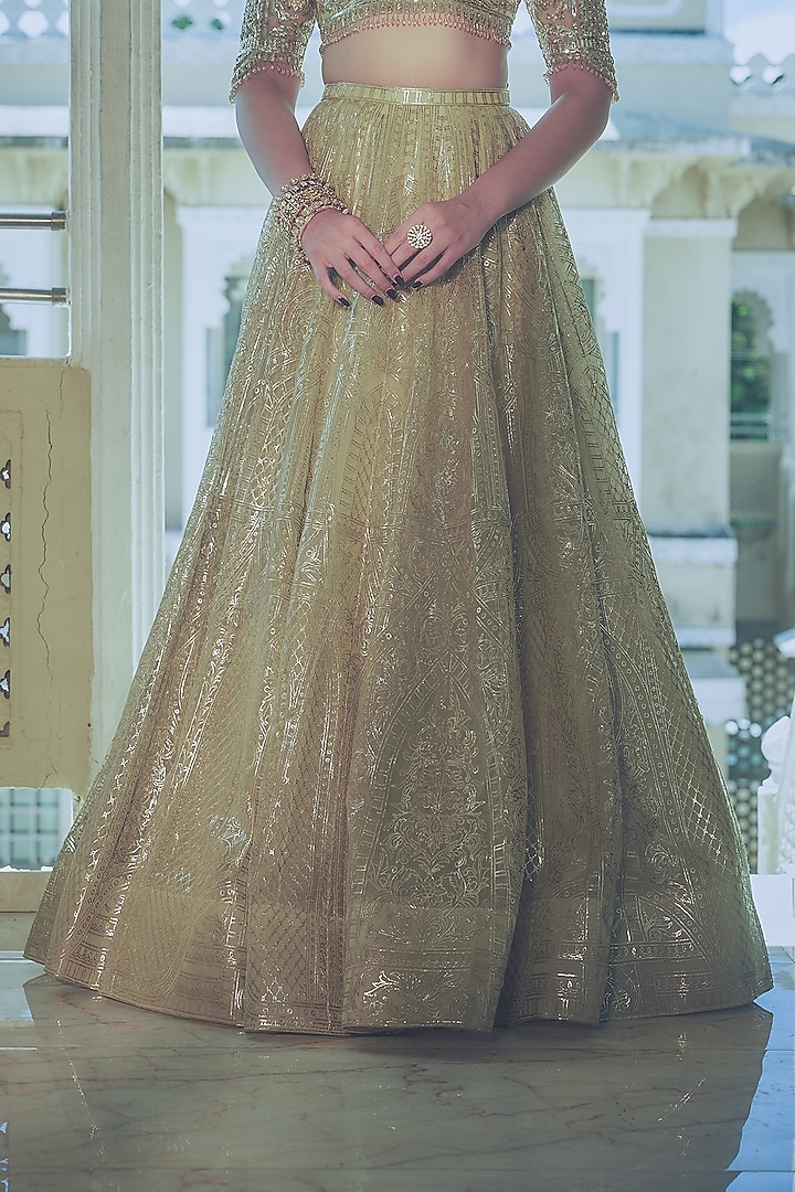 Green Net Gold Foil Printed & Embroidered Bridal Lehenga Set by Falguni Shane Peacock at Pernia's Pop Up Shop
