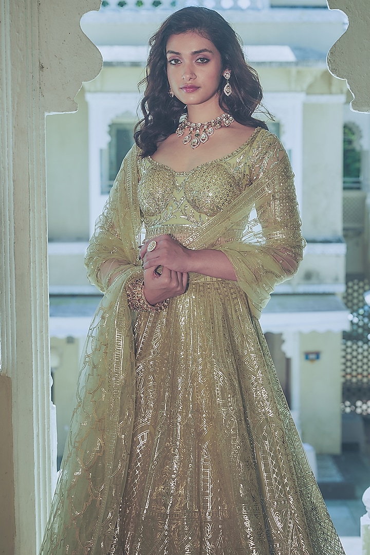Green Net Gold Foil Printed & Embroidered Bridal Lehenga Set by Falguni Shane Peacock at Pernia's Pop Up Shop