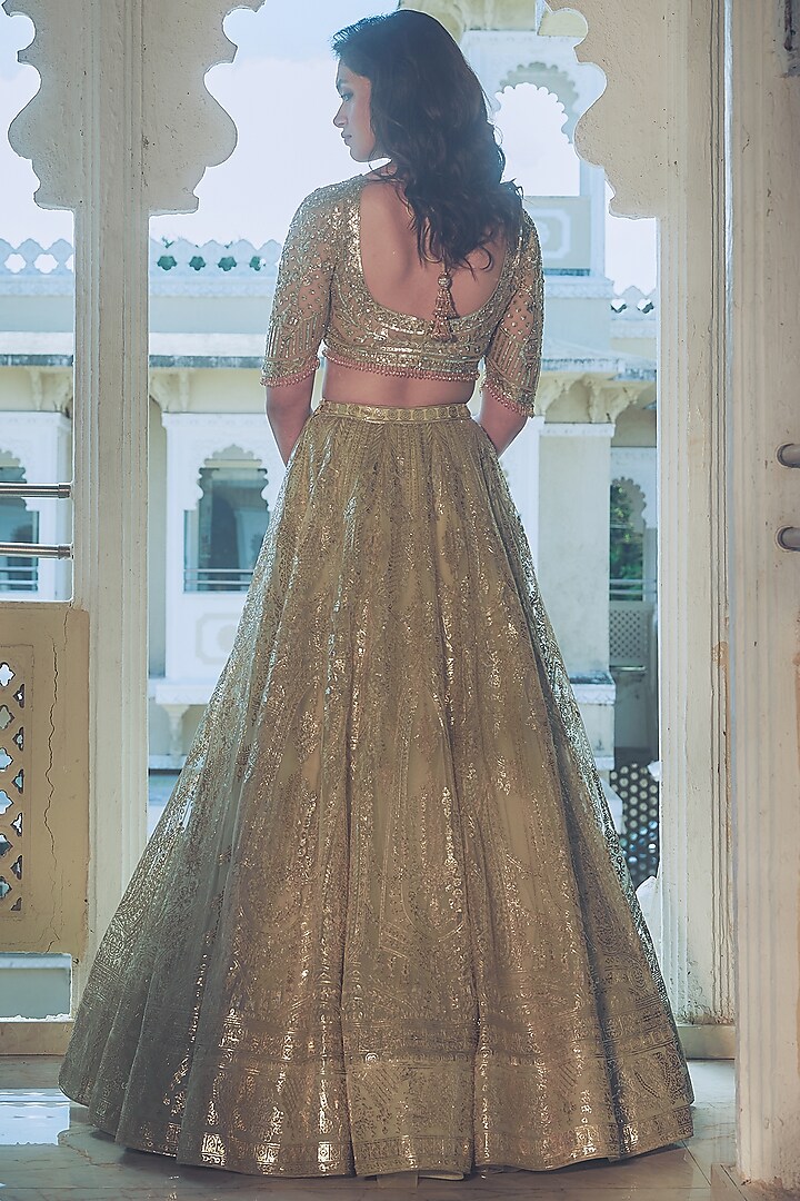 Pista Green Net Gold Foil Printed & Embroidered Bridal Lehenga Set by Falguni Shane Peacock at Pernia's Pop Up Shop