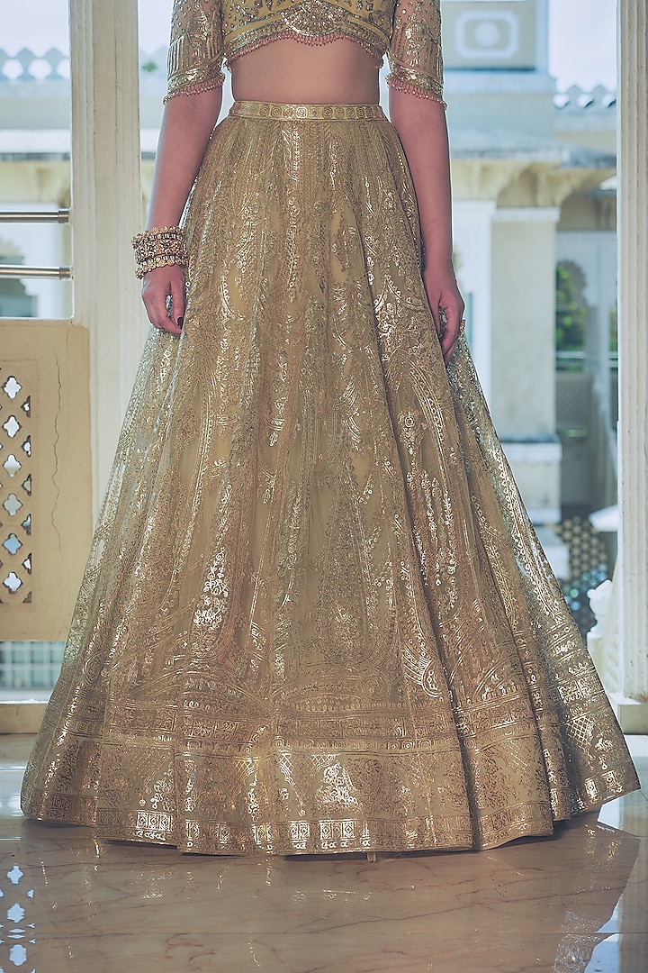 Pista Green Net Gold Foil Printed & Embroidered Bridal Lehenga Set by Falguni Shane Peacock at Pernia's Pop Up Shop