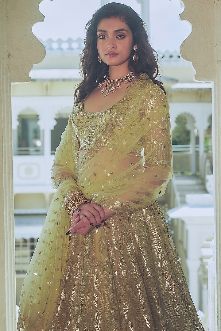 Pista Green Net Gold Foil Printed & Embroidered Bridal Lehenga Set by Falguni Shane Peacock at Pernia's Pop Up Shop