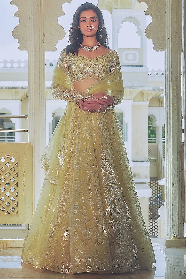 Yellow Net Silver Foil Printed & Embroidered Bridal Lehenga Set by Falguni Shane Peacock at Pernia's Pop Up Shop