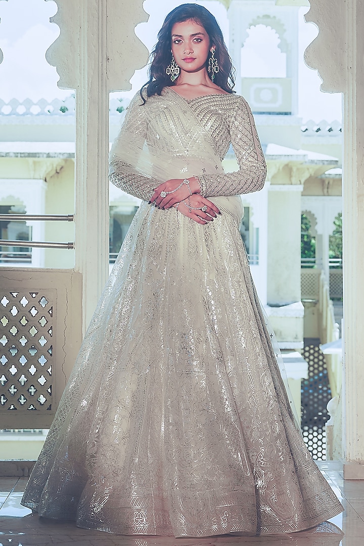 Ivory Net Silver Foil Printed & Embroidered Bridal Lehenga Set by Falguni Shane Peacock at Pernia's Pop Up Shop