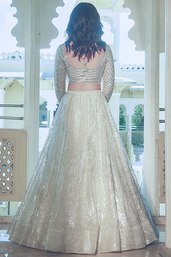Ivory Net Silver Foil Printed & Embroidered Bridal Lehenga Set by Falguni Shane Peacock at Pernia's Pop Up Shop