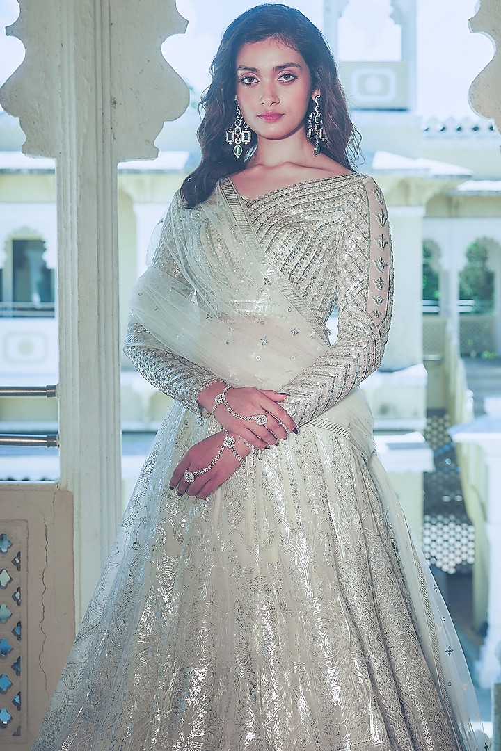 Ivory Net Silver Foil Printed & Embroidered Bridal Lehenga Set by Falguni Shane Peacock at Pernia's Pop Up Shop